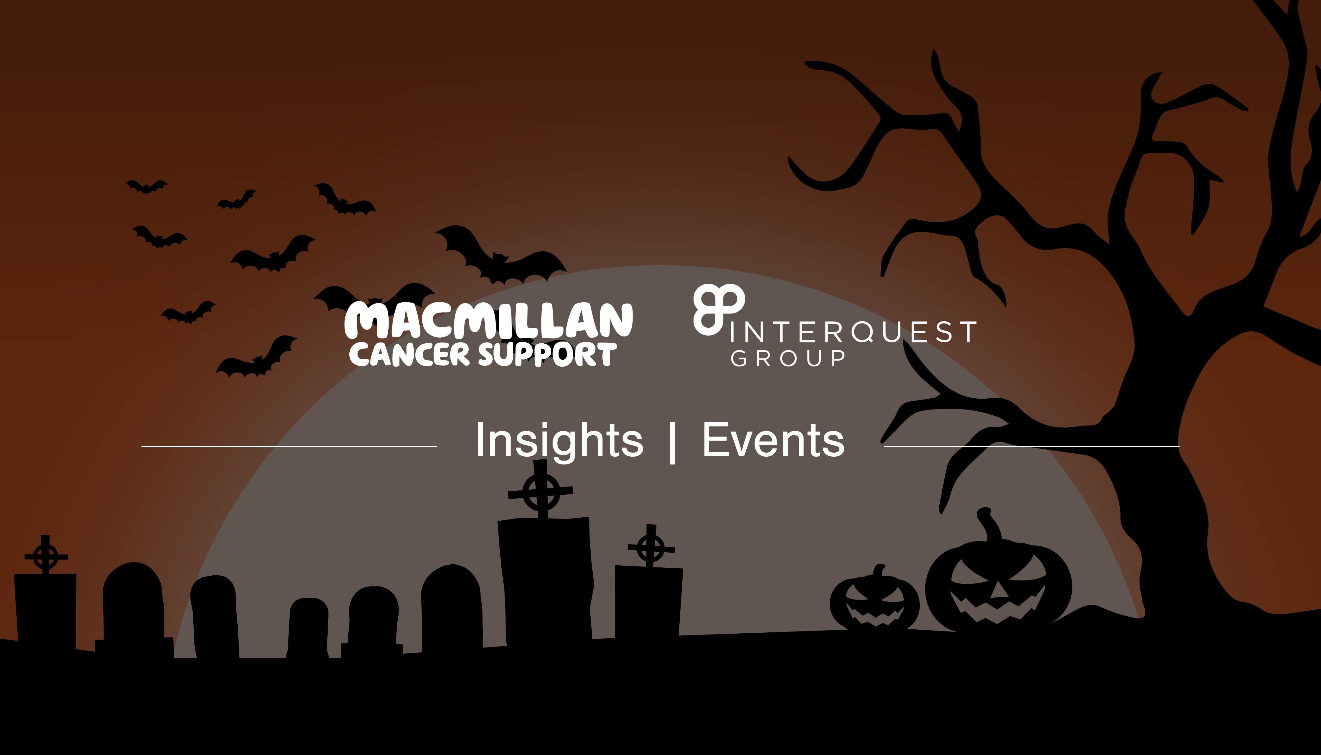 Halloween blog banner with InterQuest Group and Macmillan Cancer Support logos white