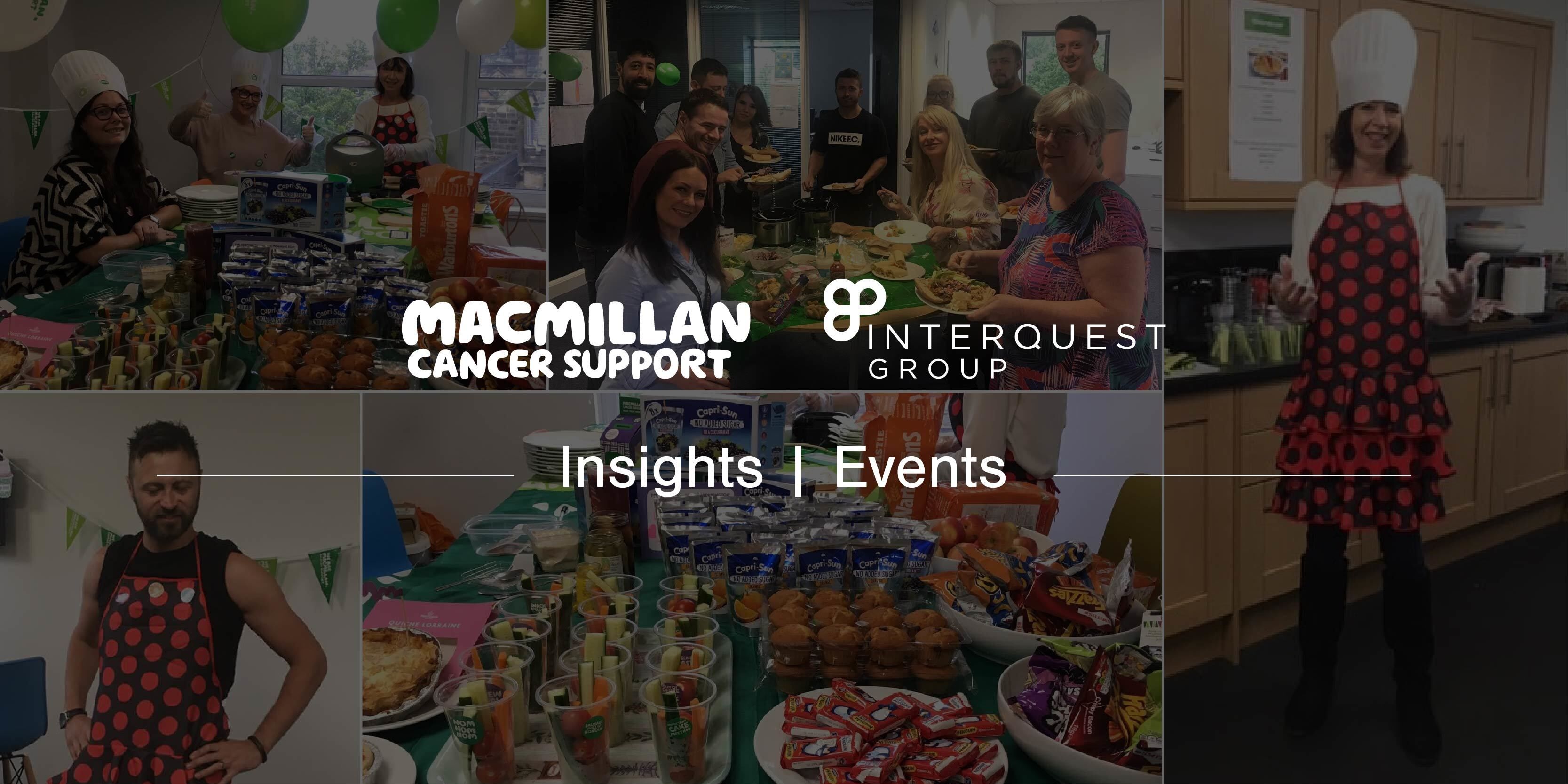 White Macmillan and InterQuest Group logos on collage background of photos from Macmillan Coffee Morning