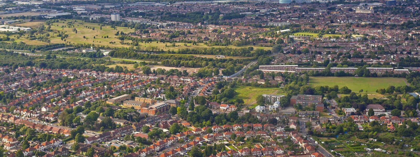 A photo from above, rows of houses and fields