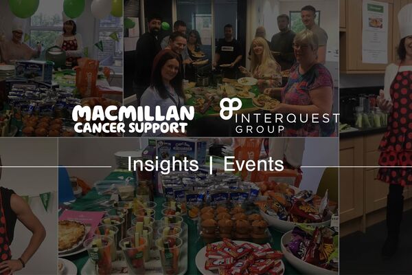 White Macmillan and InterQuest Group logos on collage background of photos from Macmillan Coffee Morning