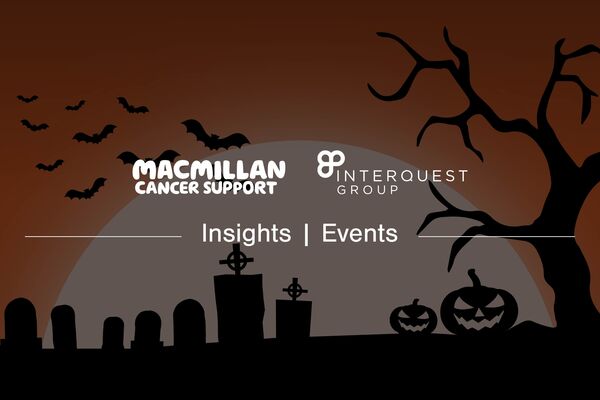 Halloween blog banner with InterQuest Group and Macmillan Cancer Support logos white