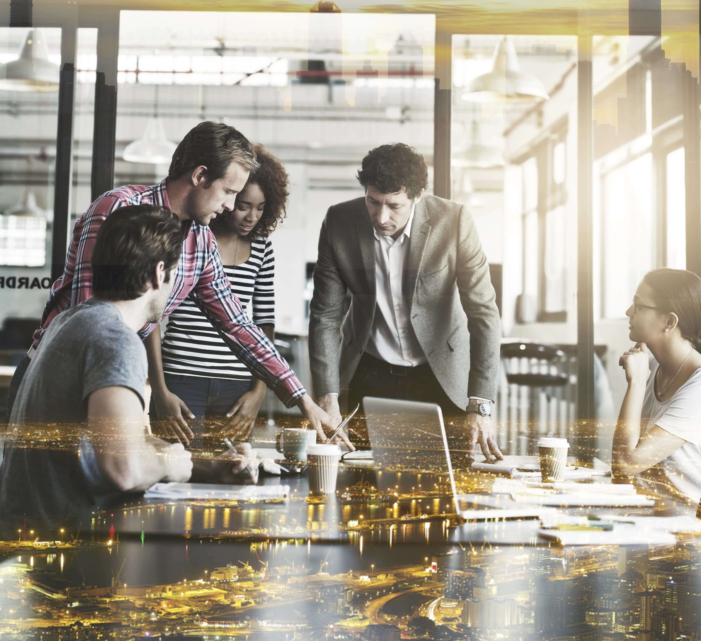 A stock image of the brightest people in the city at a brainstorming meeting