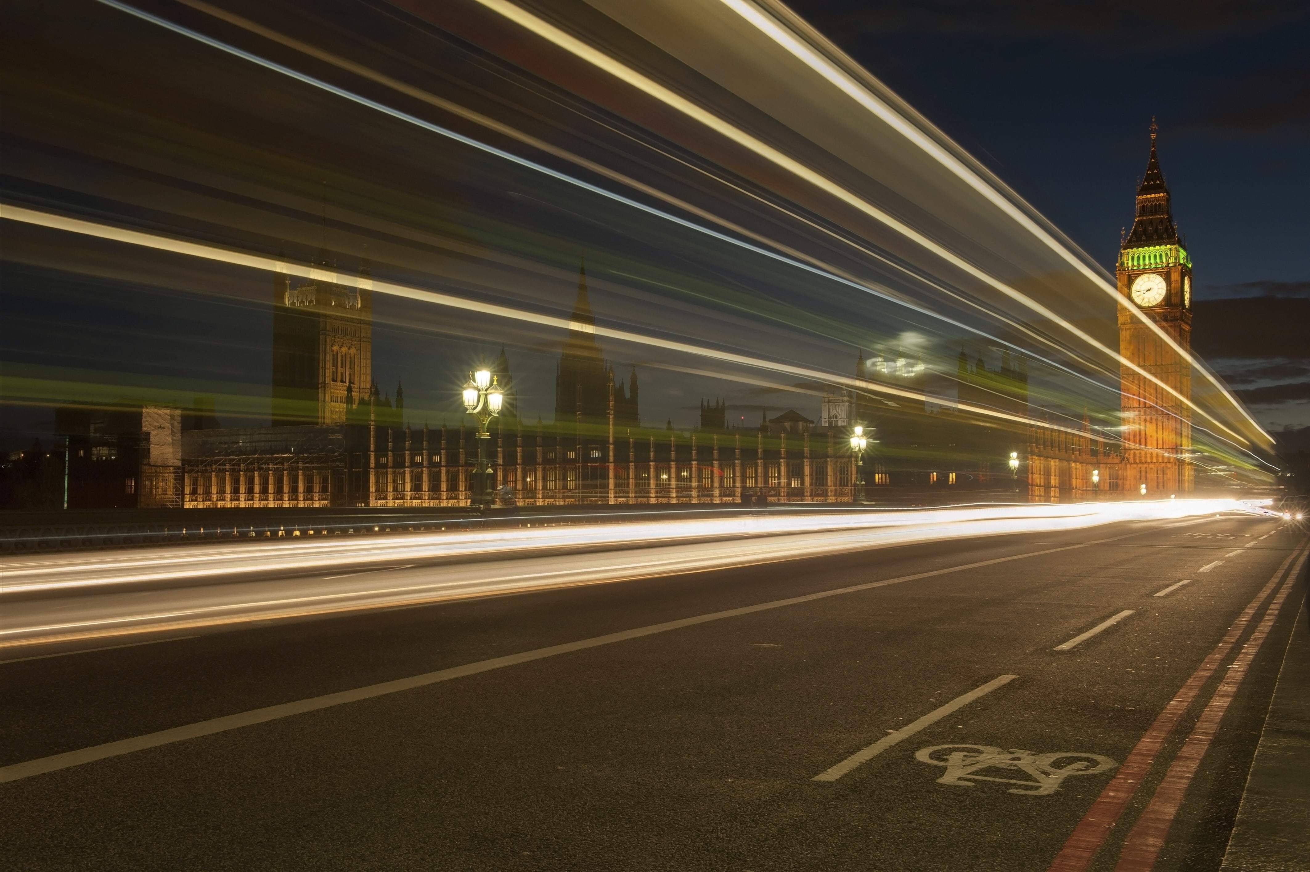 Light trails photo in Central London, Big Ben