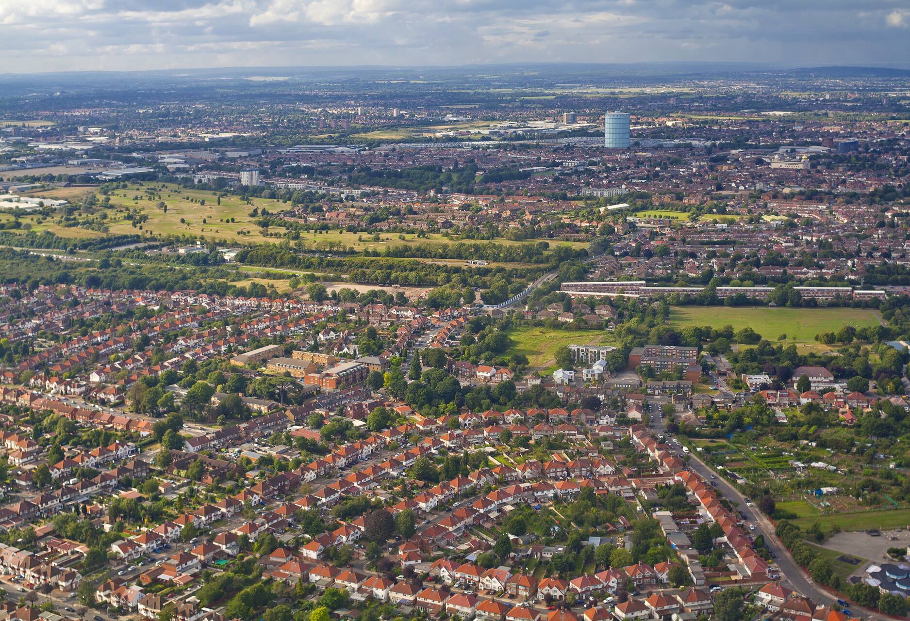 A photo from above, rows of houses and fields